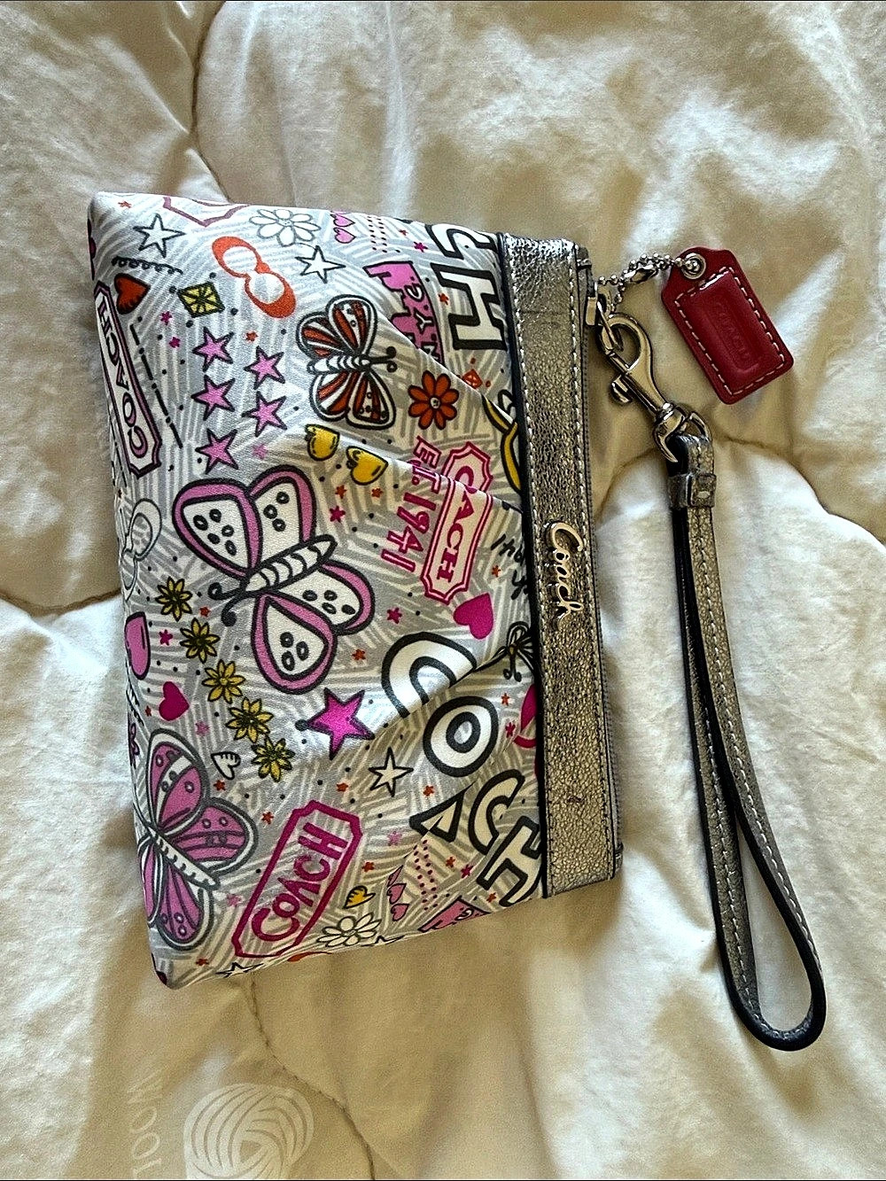 Coach Poppy Graffiti Pop C Butterfly Wristlet in Silver & Pink